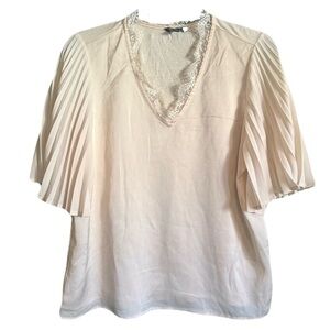 A.U.W Secret Charm Women's Small Cream Butterfly Pleated Sleeve Lace Blouse NWT